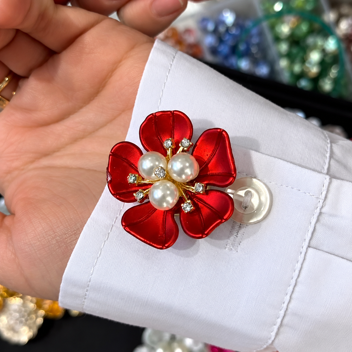 Crimson Pearl Blossom Button Cover